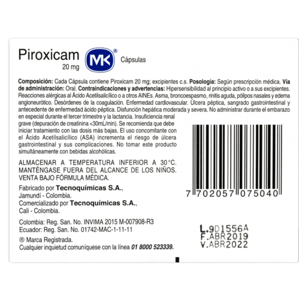 PIROXICAM 20 MG 10 CAPSULAS MK - Imagen 4